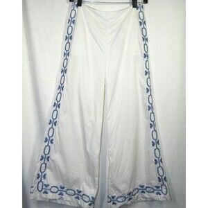 Foxiedox White Blue Cotton Embroidered Wide Leg Culotte Pants Size XS